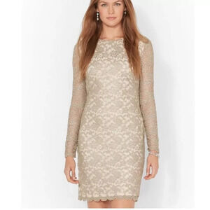 Lauren Ralph Lauren Beige Lace Long-Sleeve Midi Dress